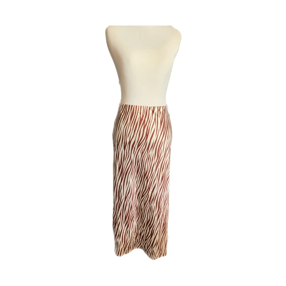 Satin Burgundy and Cream Tiger Striped Midi Skirt.